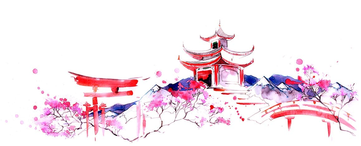 Graphic of a beautiful China scene with flowers